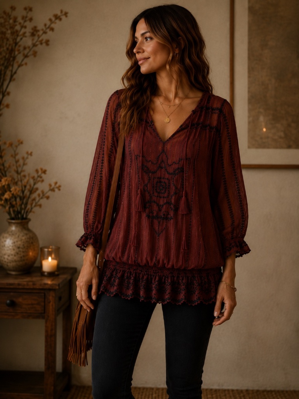 Guess by Marciano Burgundy Sheer Tunic